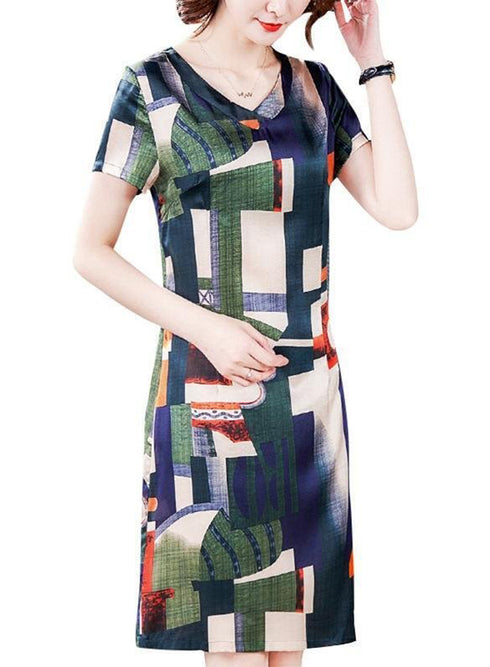 Jazzy Elegant Geometric Design V-Neck Short Sleeve A-Line Casual & Office Midi Dress